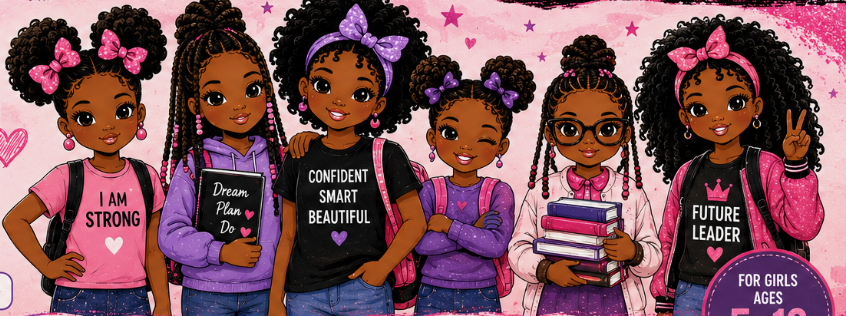Illustrated girls with books wearing tees that read I am strong, confident smart beautiful, and future leader